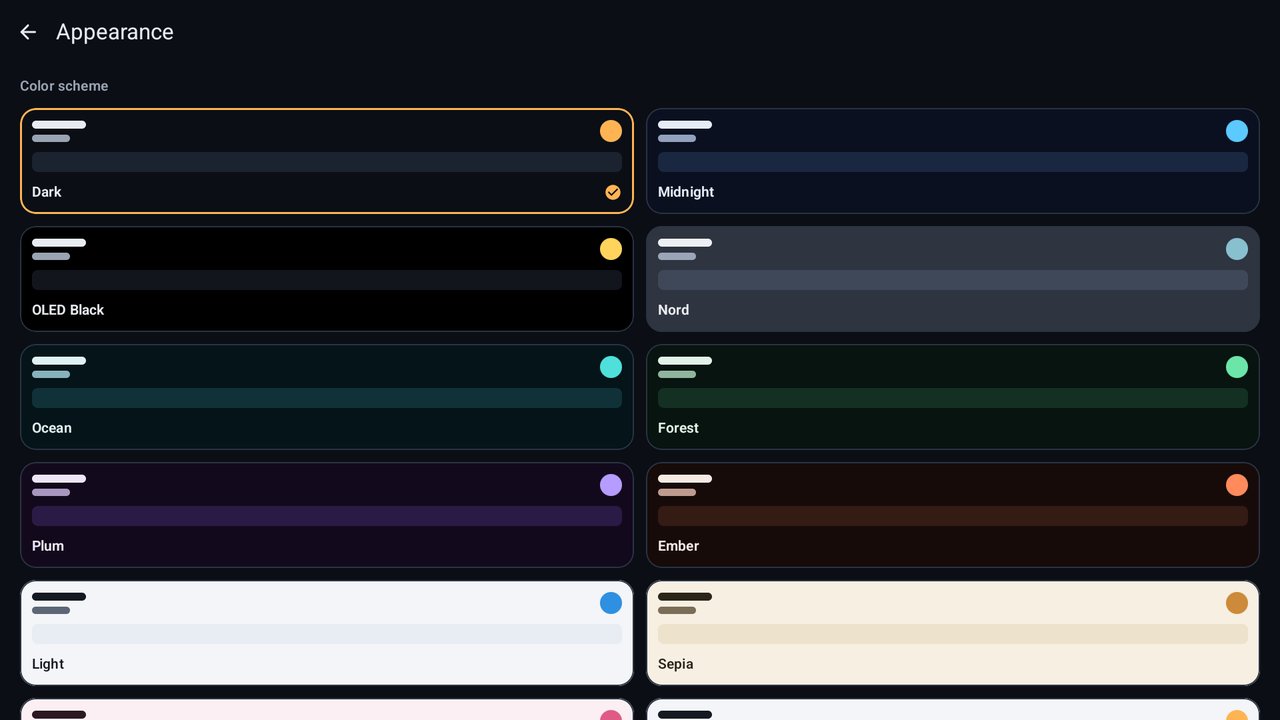 Theme picker on an Android tablet in landscape